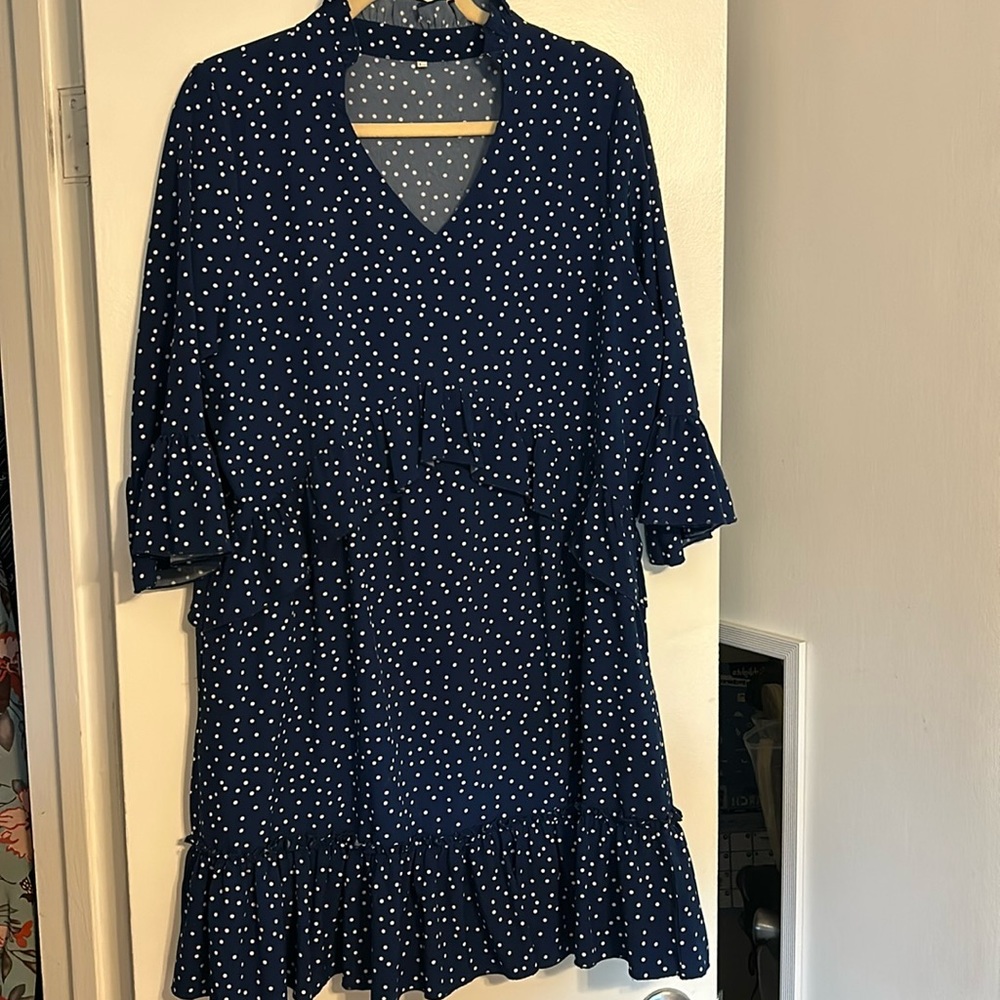Navy and white polka dot dress